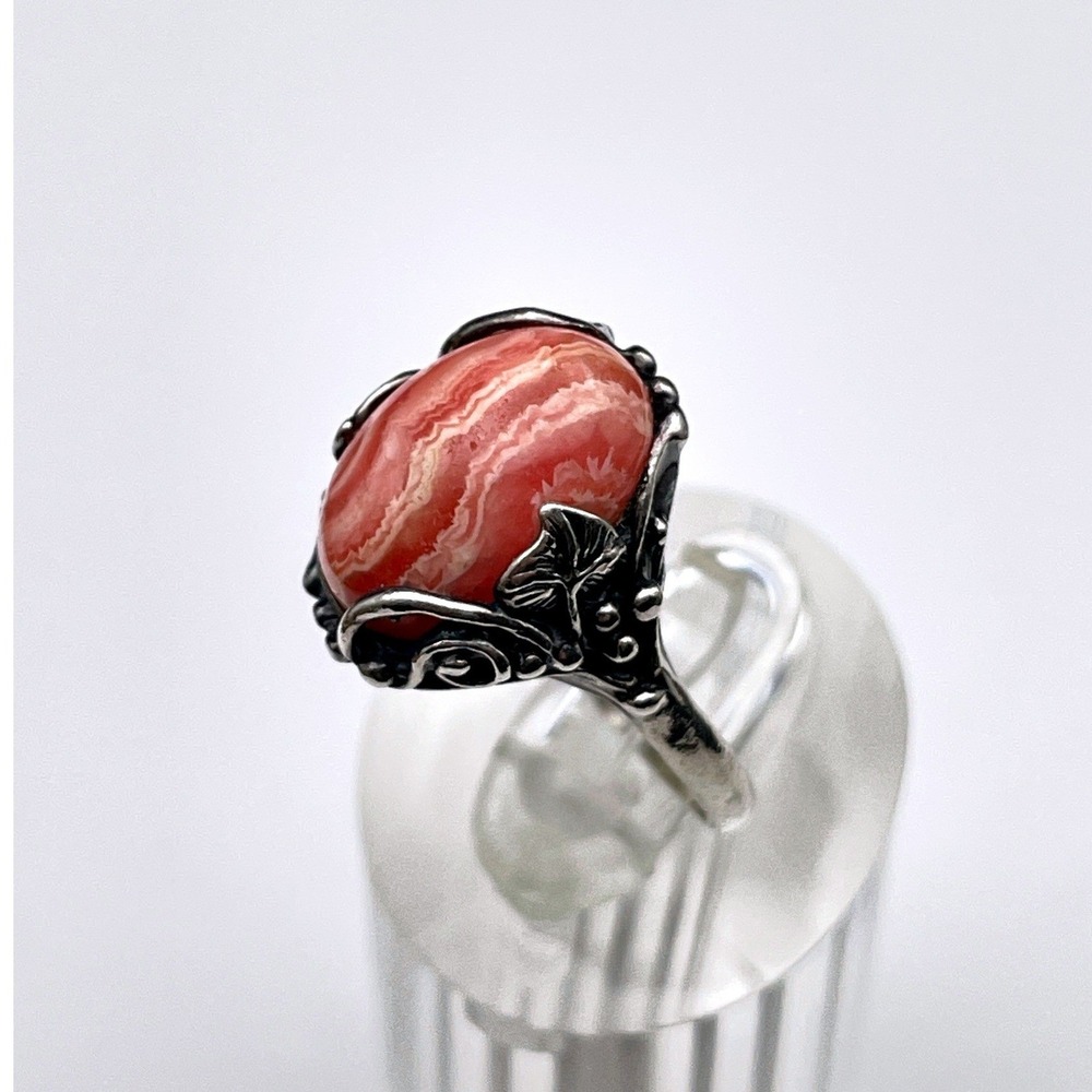 Vintage Pink Rhodochrosite Floral Ring Dainty Feminine Jewelry - Picture 4 of 11